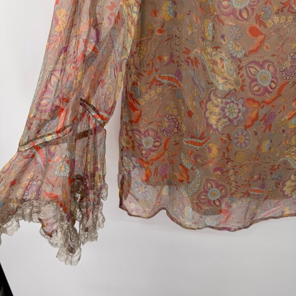 Alain Weiz Womens Floral Silk Blouse lined Lace Trim Ruffle size 20w beige - Picture 4 of 14
